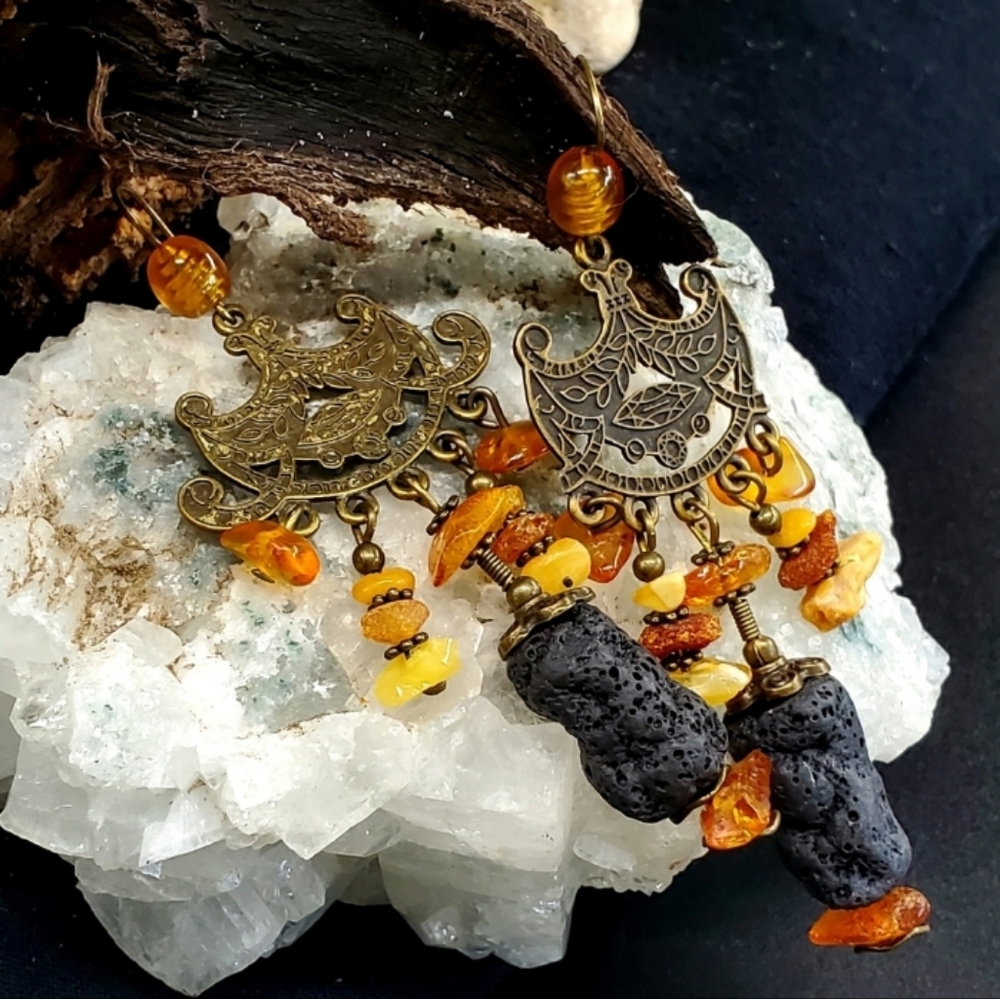GENUINE AMBER STONE ANTIQUE GOLD Bronze Tribal Rustic Boho Earrings